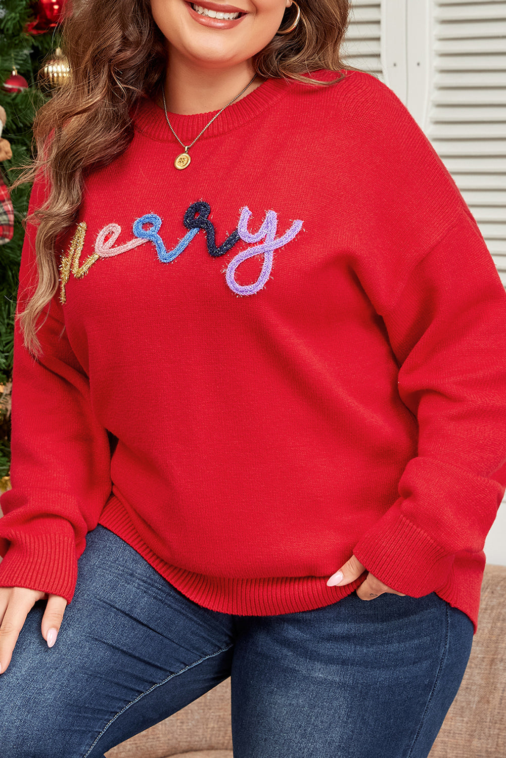 Fiery Red Tinsel merry Pattern Drop Shoulder Plus Size Sweater Garden Naked Curves