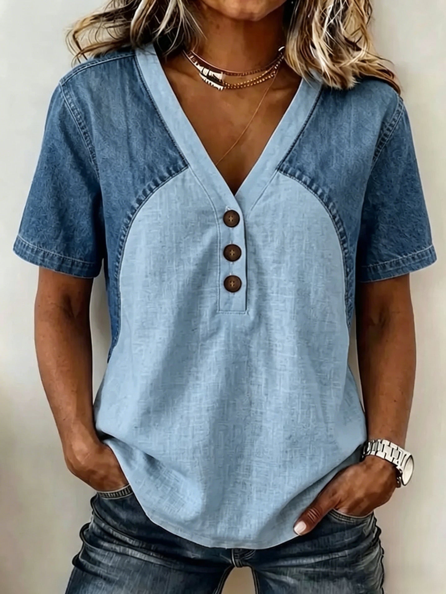 Women's Loose Denim Patchwork Color-Block T-Shirt FitiqueFit