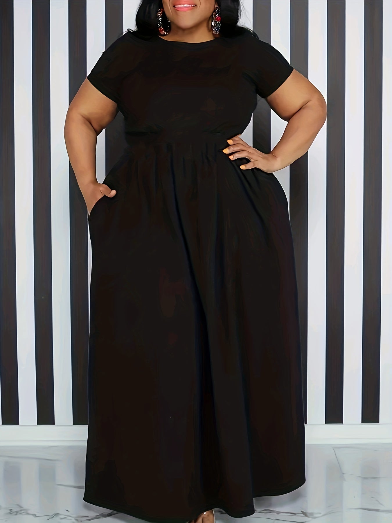 Plus Size Solid Short Sleeve Maxi Dress, Women's Plus Medium Stretch Elegant Long Dress NovaCart
