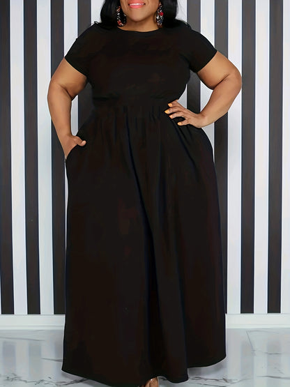 Plus Size Solid Short Sleeve Maxi Dress, Women's Plus Medium Stretch Elegant Long Dress NovaCart