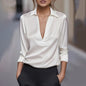 Elegant Women's V-Neck Long Sleeve Blouse With Satin Sheen Formal Shirt FitiqueFit