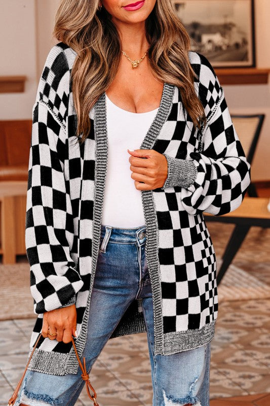 Checker Open Front Drop Shoulder Cardigan Shop Style & More | Fresh Looks, Everyday Deals & Free Shipping