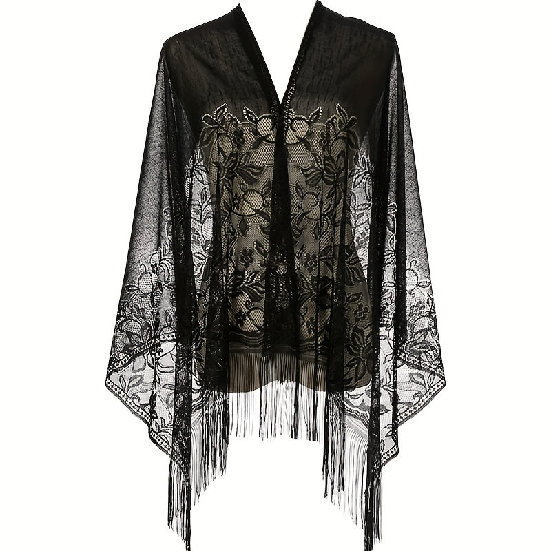 Women's Casual Shawl Wrap - Solid Color, Lightweight Polyester Knit - Going Out Essentials | Fringe Trim | Floral Lace Details NovaCart