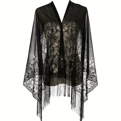 Women's Casual Shawl Wrap - Solid Color, Lightweight Polyester Knit - Going Out Essentials | Fringe Trim | Floral Lace Details NovaCart
