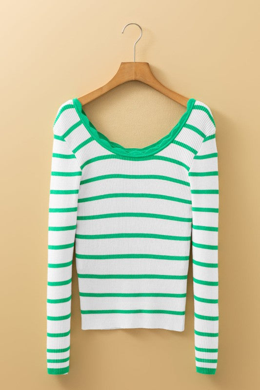 Stripe Scalloped Scoop Neck Ribbed Knit Sweater Shop Style & More | Fresh Looks, Everyday Deals & Free Shipping