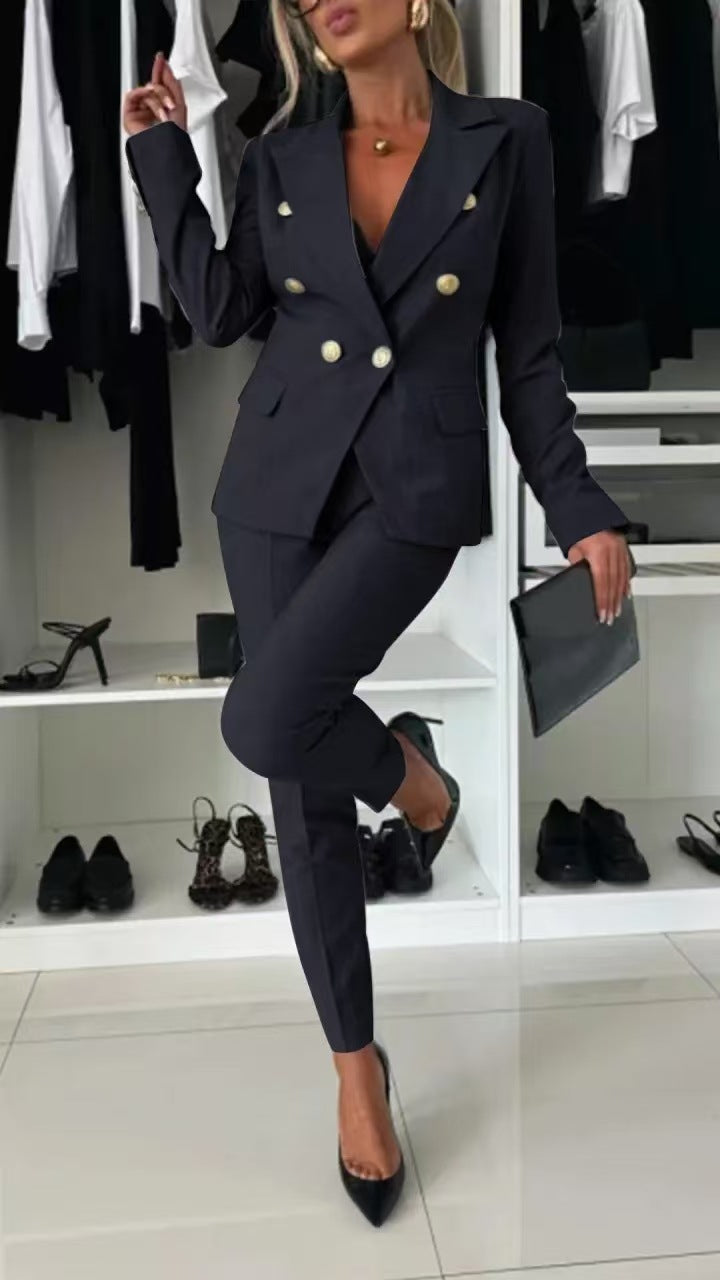 Double-Breasted Lapel Blazer & Zip-Up Trousers Suit FitiqueFit