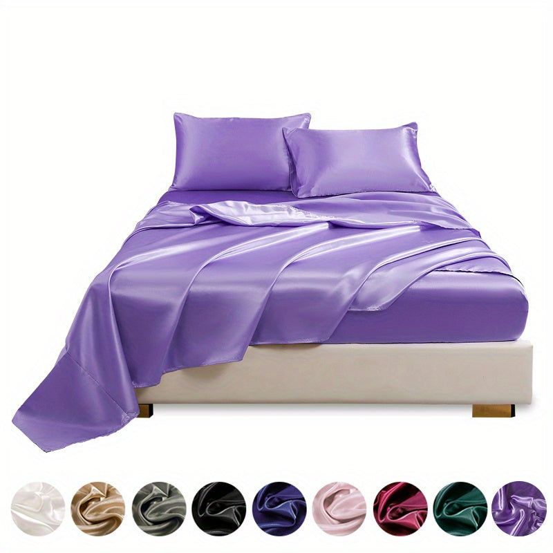 4pcs Satin Bed Sheet Four-Piece Set Includes One Fitted Sheet, One Flat Sheet, And Two Pillowcases. Pillowcases Do Not Include Inserts. Solid Colors Showcase Simple Elegance. The Simple Style Is Classic And Timeless. Polyeste NovaCart