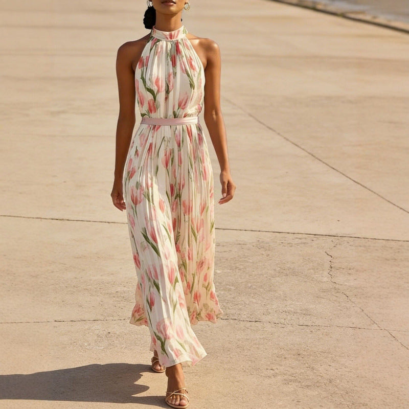 Women's Halterneck High-Waist Swing Dress – Floral & Solid Prints FitiqueFit