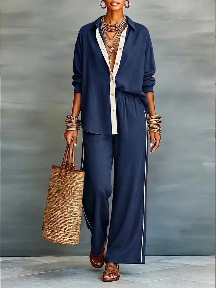 Contrast-Color Long-Sleeve Shirt & Pants Set – Two-Piece FitiqueFit