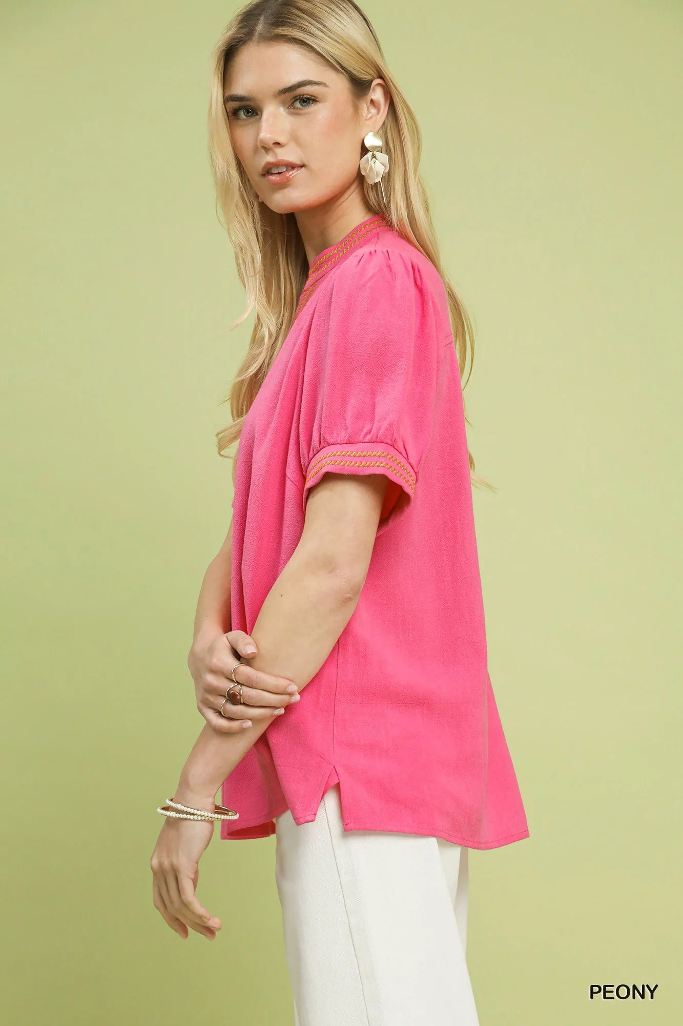 Umgee Embroidery Linen Puff Sleeve Blouse New Era Fashion LLc