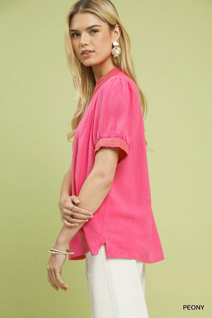 Umgee Embroidery Linen Puff Sleeve Blouse New Era Fashion LLc