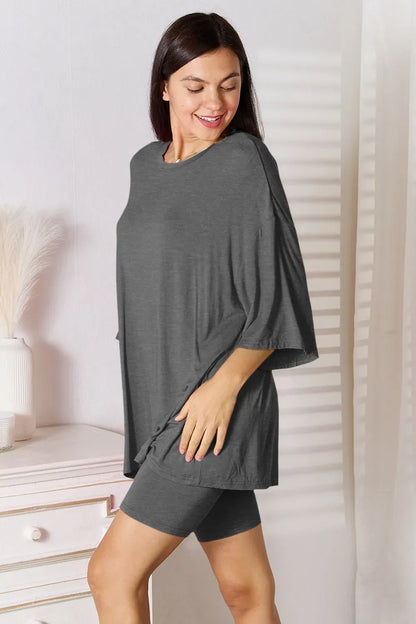 Basic Bae Full Size Soft Rayon Three-Quarter Sleeve Top and Shorts Set New Era Fashion LLc