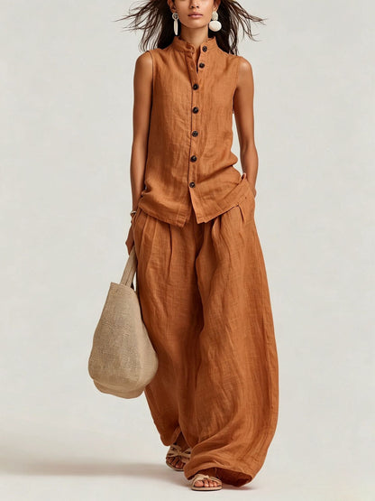 Women's Cotton-Linen Sleeveless Crewneck Vest & Pants Set FitiqueFit