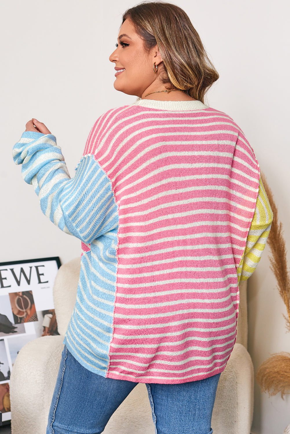 Multicolour Striped Exposed Seam Colorblock Patchwork Plus Size Sweater Garden Naked Curves