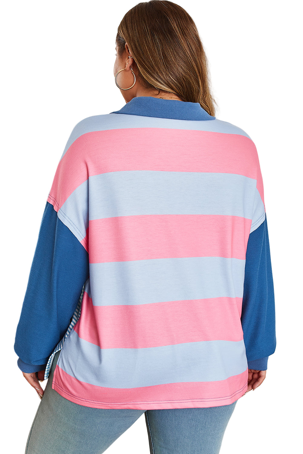 Blue Stripe Colorblock Patchwork Zip up Plus Size Pullover Garden Naked Curves