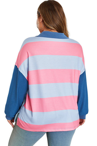Blue Stripe Colorblock Patchwork Zip up Plus Size Pullover Garden Naked Curves