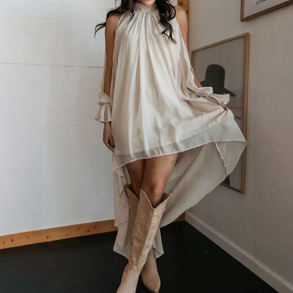 High Neck Asymmetric Maxi Chiffon Dress – Loose Fit Long Sleeve FitiqueFit