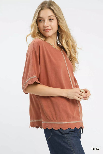 Umgee Linen Blend Scallop Trim Top FitiqueFit