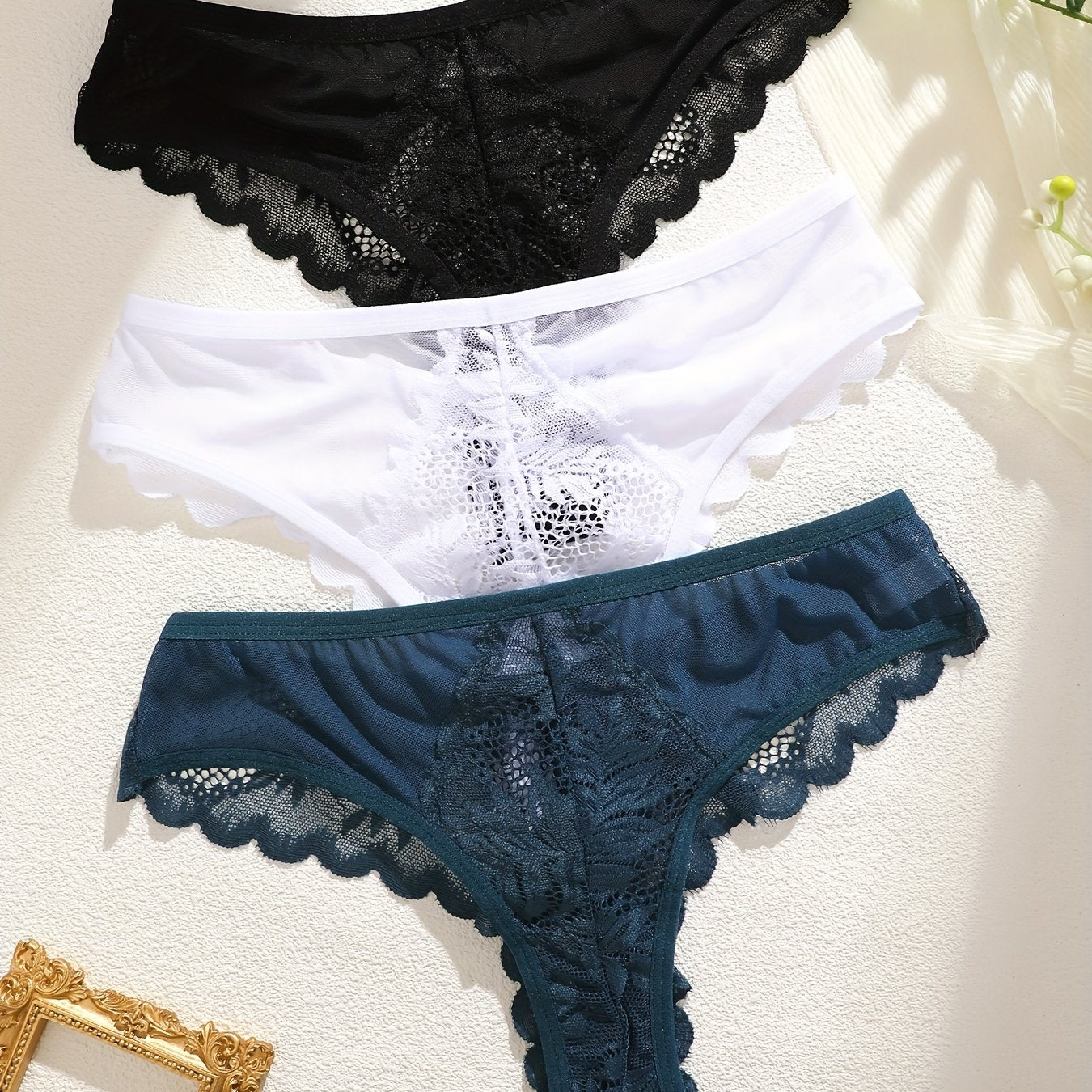 3pcs Women's Lace Thong Set, Sexy Semi-Sheer Panties NovaCart