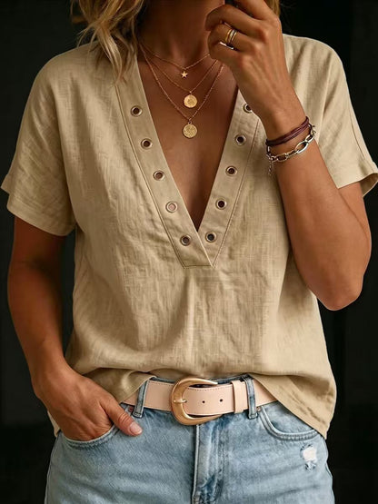 Women's V-Neck Short-Sleeve Loose-Fit Linen Shirt FitiqueFit