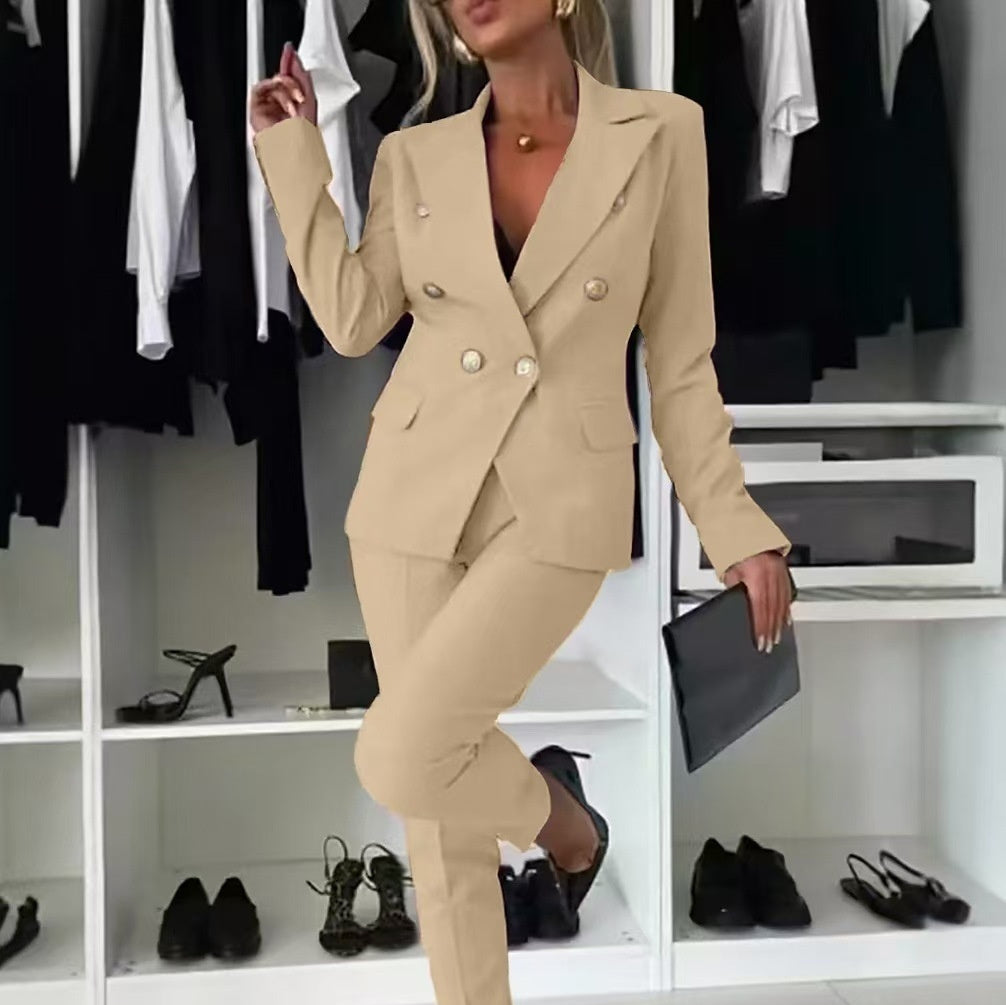 Double-Breasted Lapel Blazer & Zip-Up Trousers Suit FitiqueFit