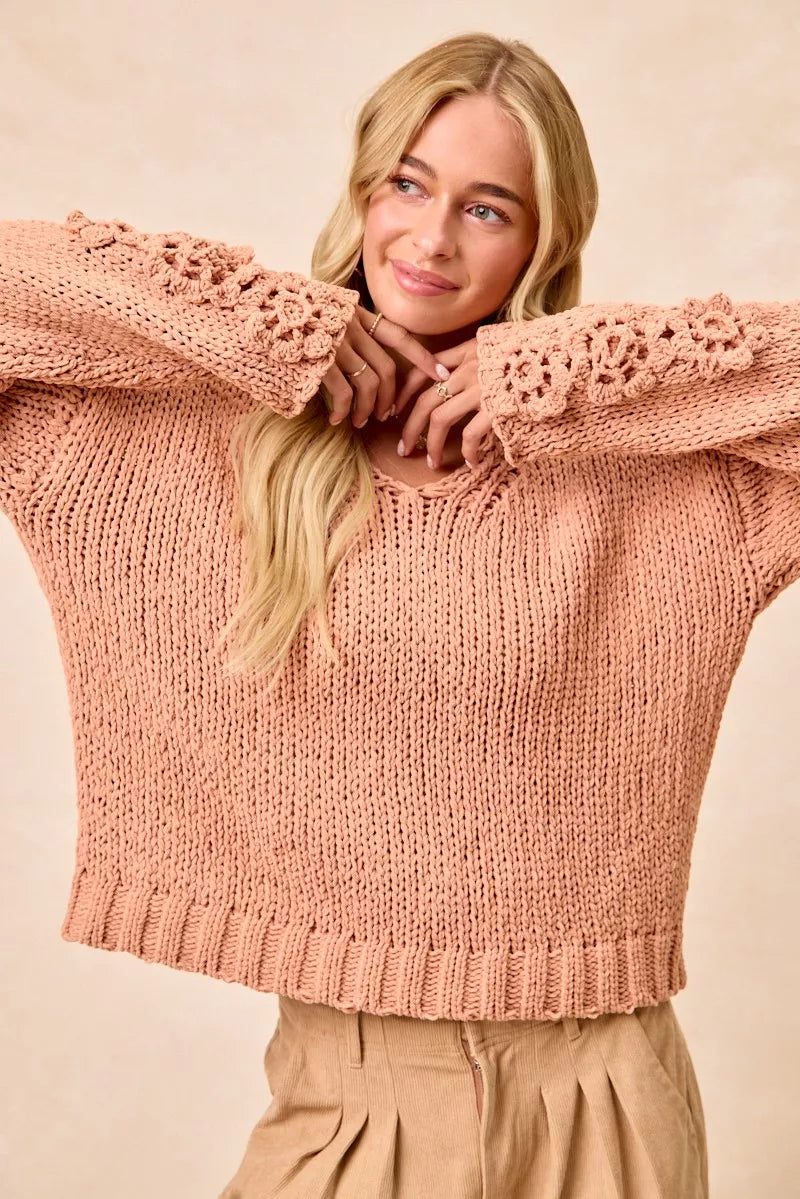 BiBi Chunky Knit Sweater with Flower Detail Sleeves FitiqueFit