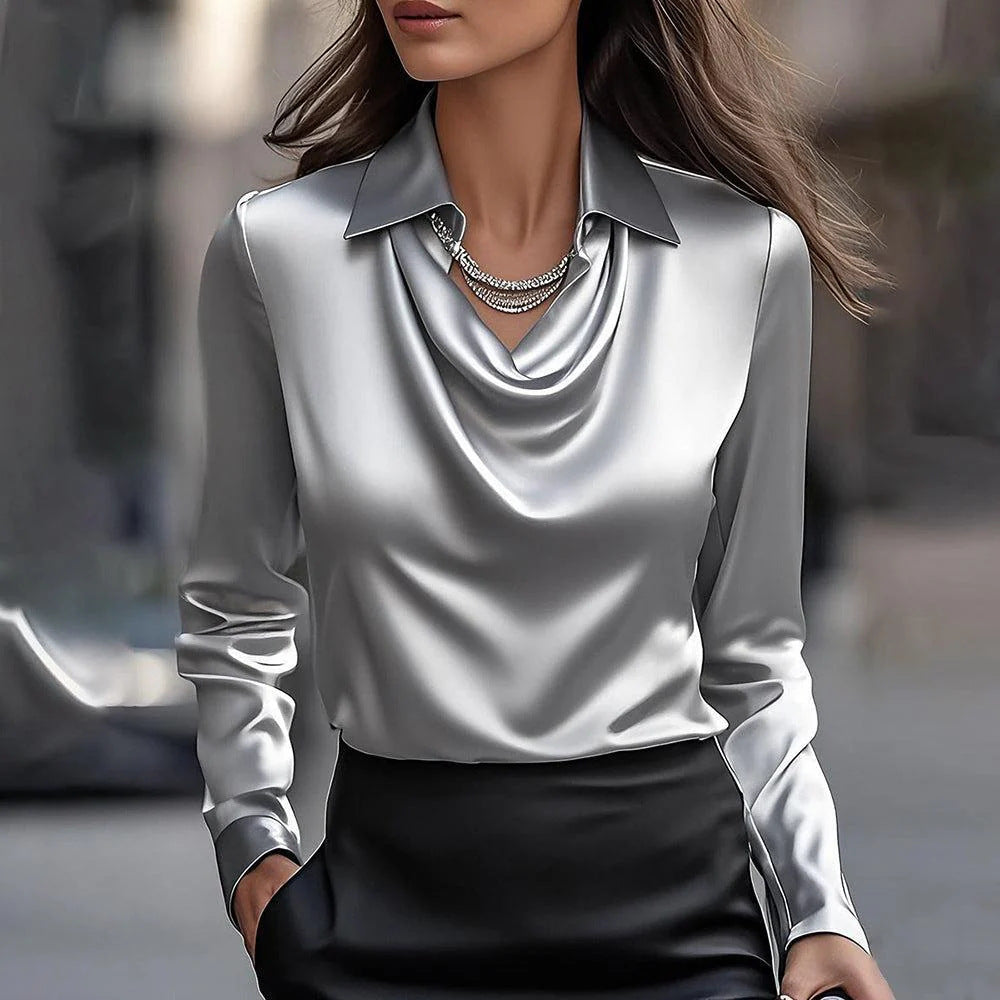 Long Sleeve Satin Swing Collar Top | Elegant Commuter Shirt FitiqueFit