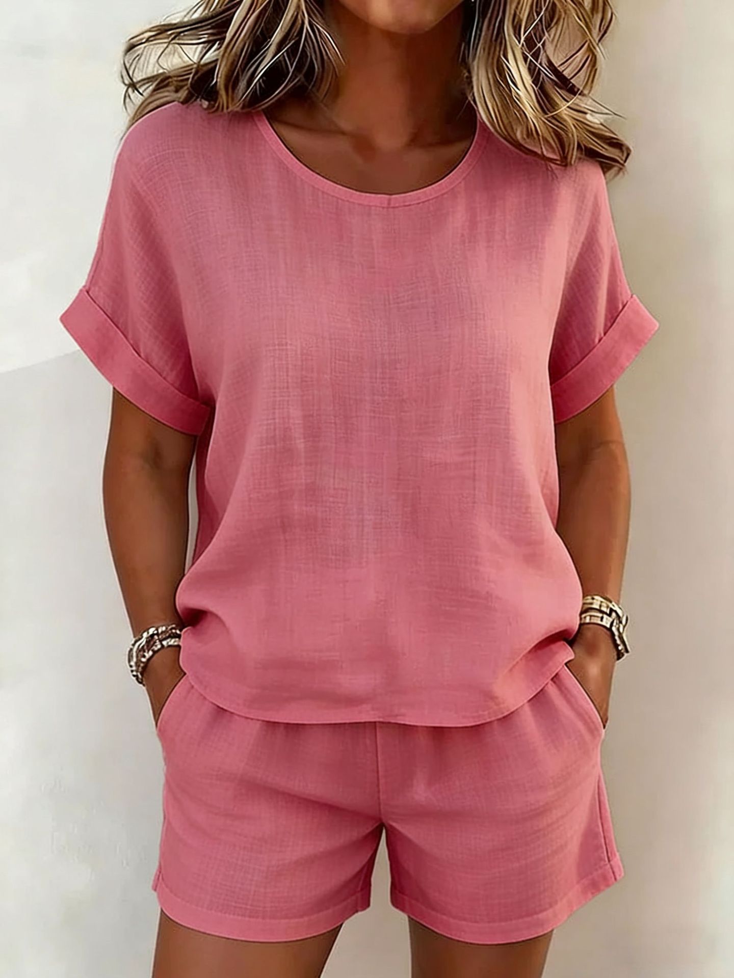 Solid-Color T-Shirt & Shorts Set – Cotton Linen, 10 Colors FitiqueFit