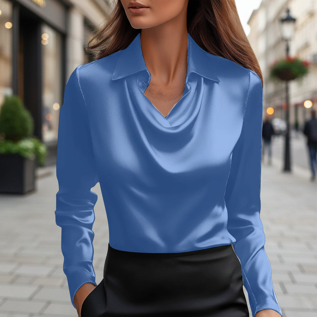 Long Sleeve Satin Swing Collar Top | Elegant Commuter Shirt FitiqueFit