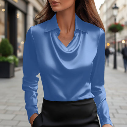 Long Sleeve Satin Swing Collar Top | Elegant Commuter Shirt FitiqueFit