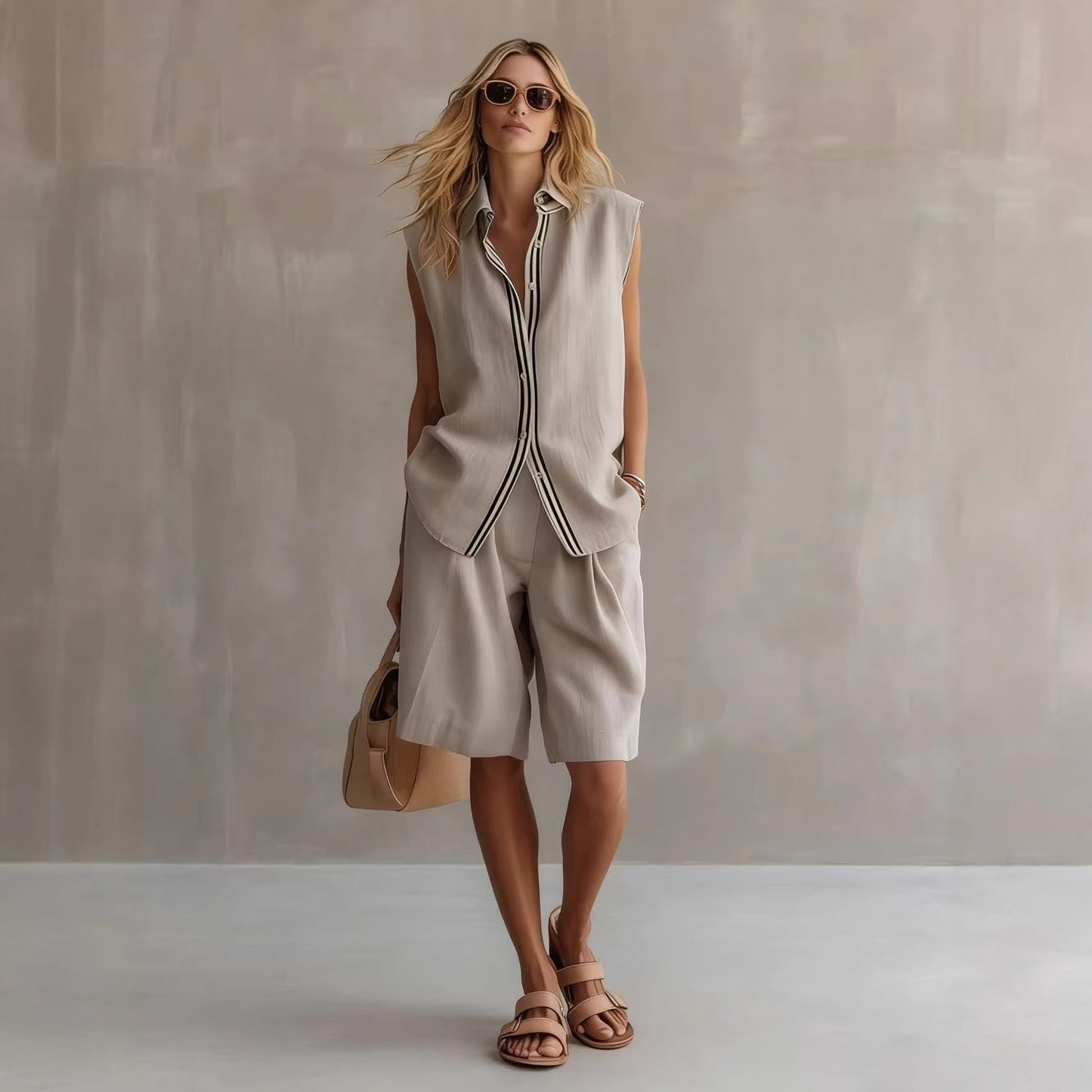 Women's Linen Shirt and Shorts Set – Sleeveless Summer Two-Piece FitiqueFit