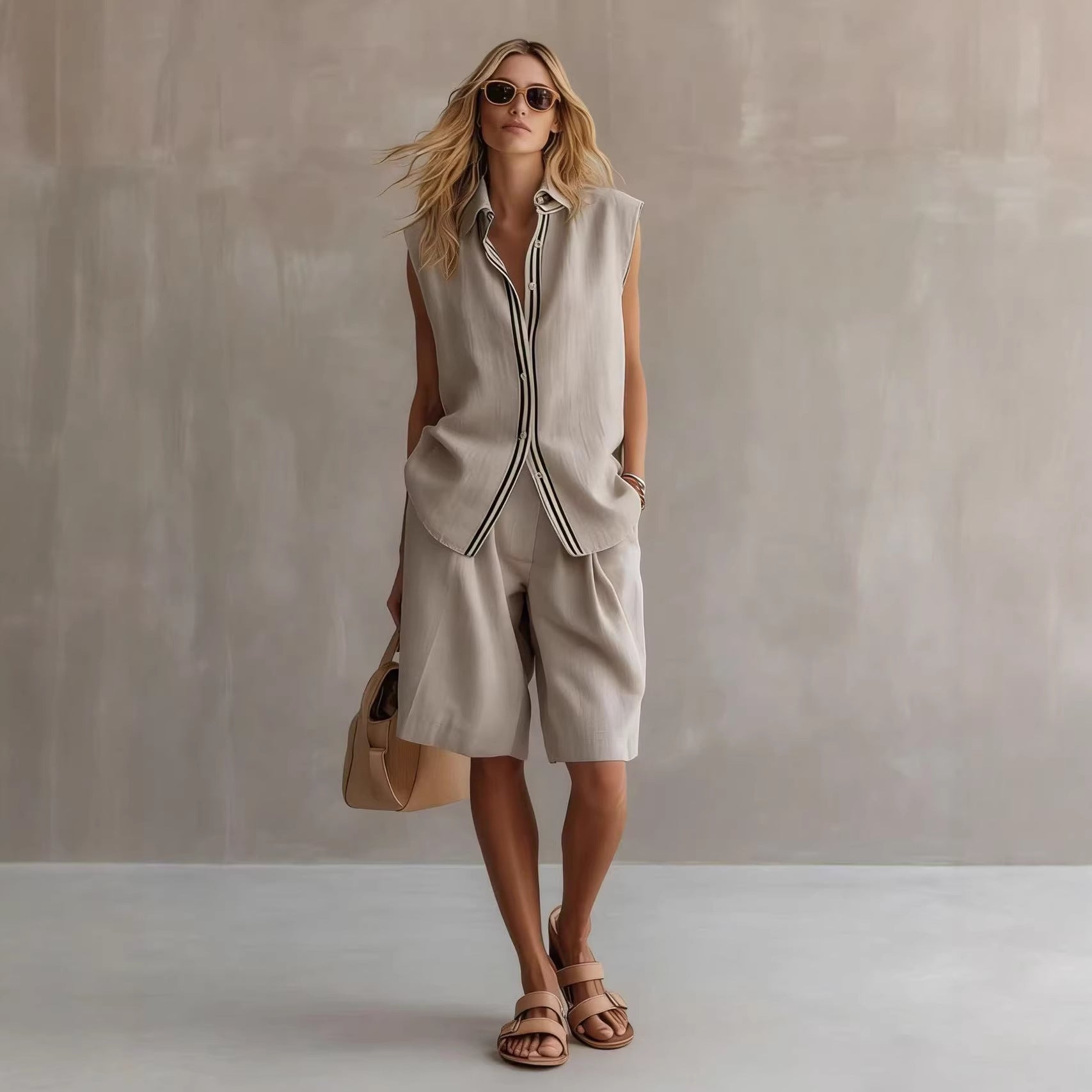 Women's Linen Shirt and Shorts Set – Sleeveless Summer Two-Piece FitiqueFit