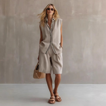 Women's Linen Shirt and Shorts Set – Sleeveless Summer Two-Piece FitiqueFit