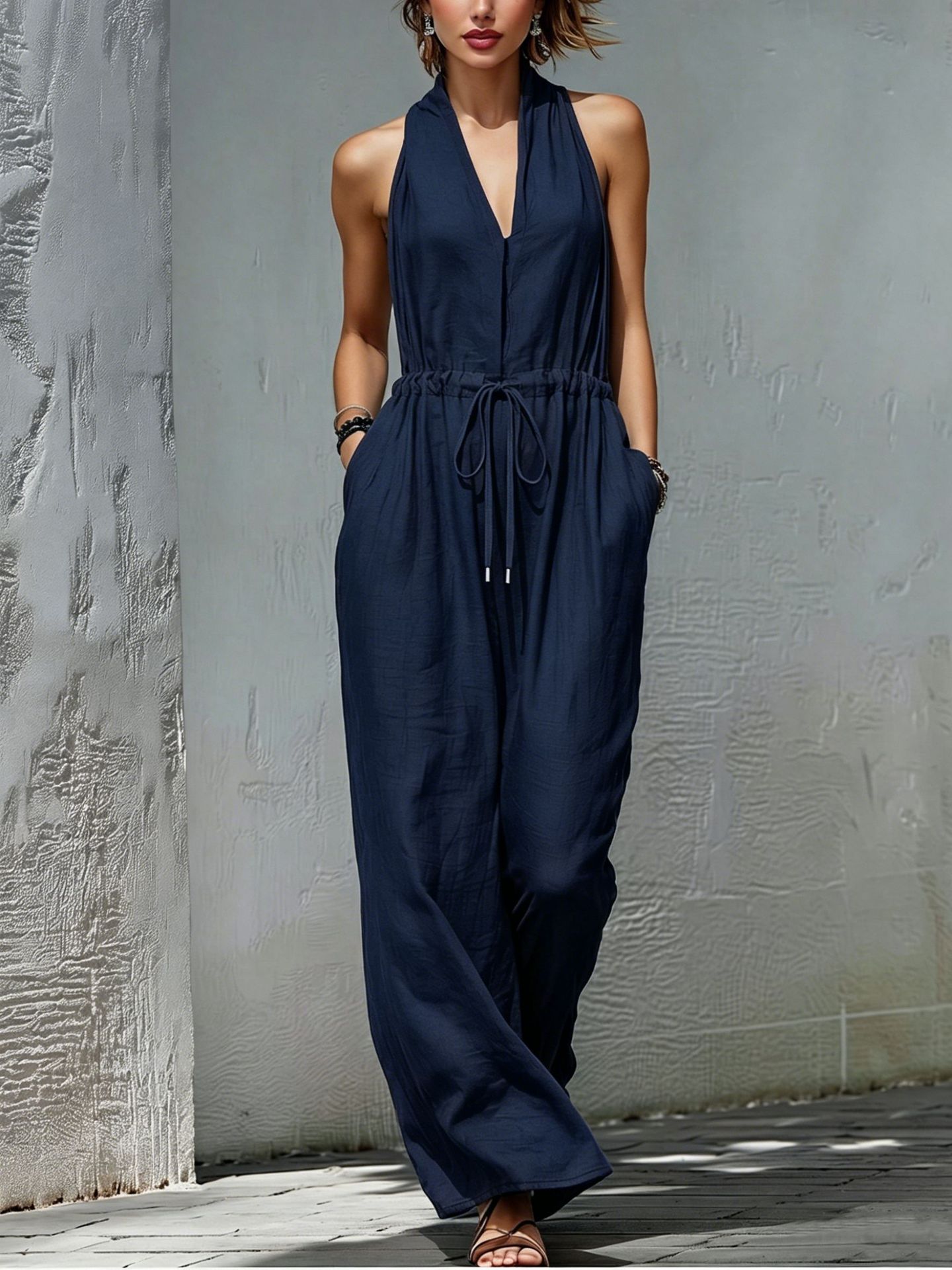 Women's Sleeveless Halter Neck Solid Color Long Jumpsuit FitiqueFit