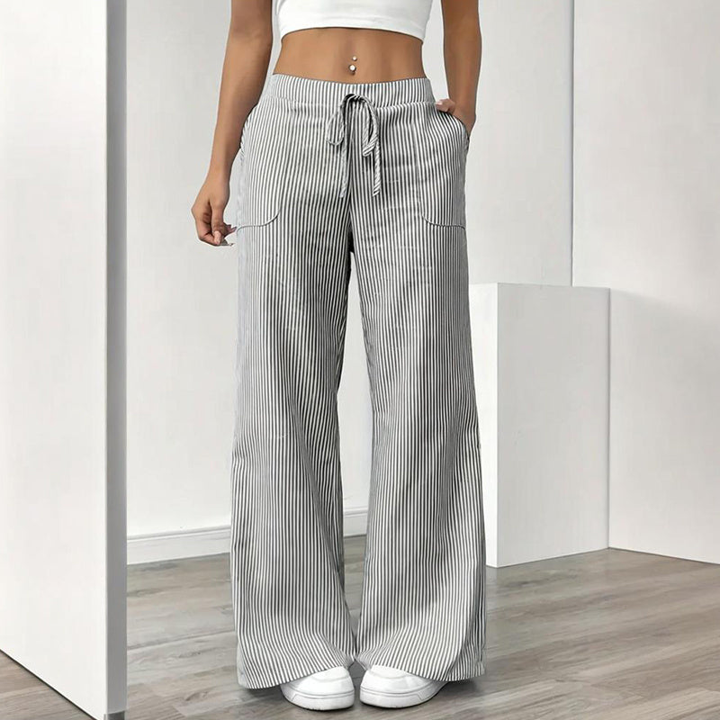 Women's Striped Print Straight Wide Leg Pockets Pants Casual Long Pants FitiqueFit
