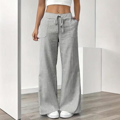 Women's Striped Print Straight Wide Leg Pockets Pants Casual Long Pants FitiqueFit