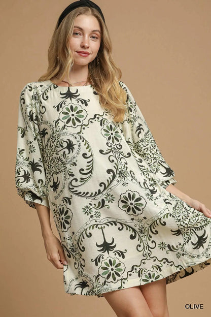 Umgee Boho Printed Balloon Sleeve Mini Dress West2East Surf
