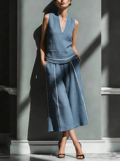 Women's Sleeveless Linen Shirt & Cropped Pants Set – Casual 2-Piece Outfit FitiqueFit