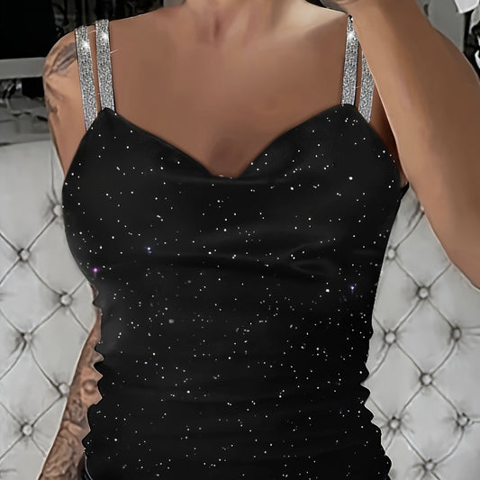 Sequin V-Neck Camisole – Rhinestone Strap Sparkly Top FitiqueFit