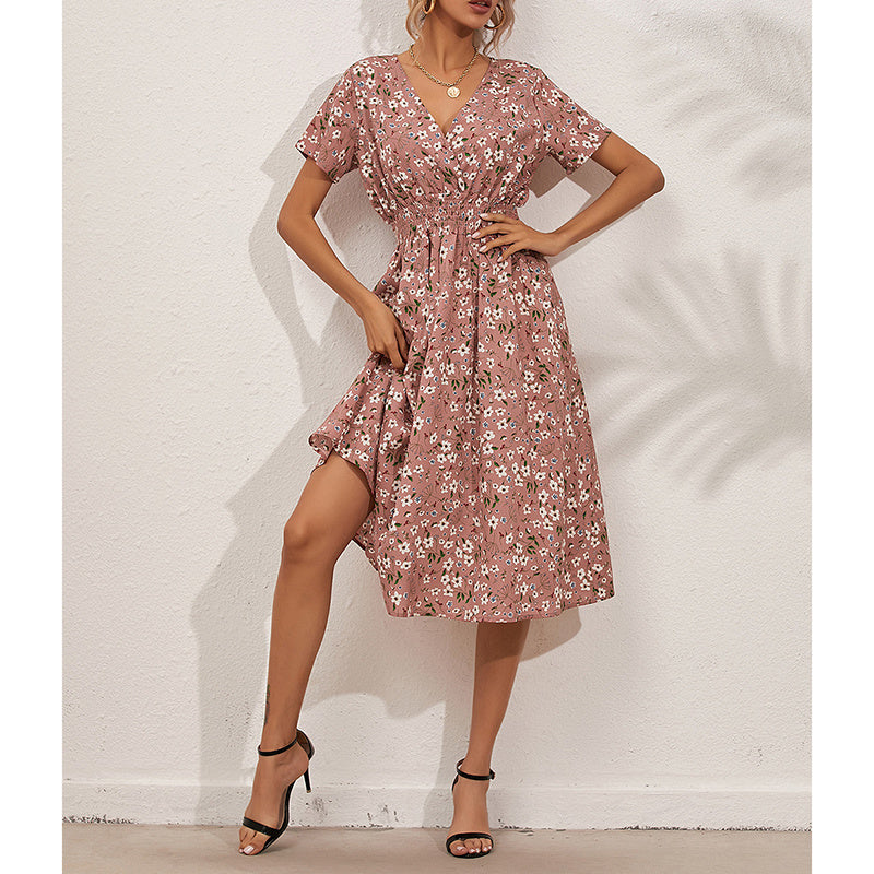 Boho V Neck Floral Print Short Sleeve Mini Dress Cute Smocked Waist Short Dress Grayceful LLC
