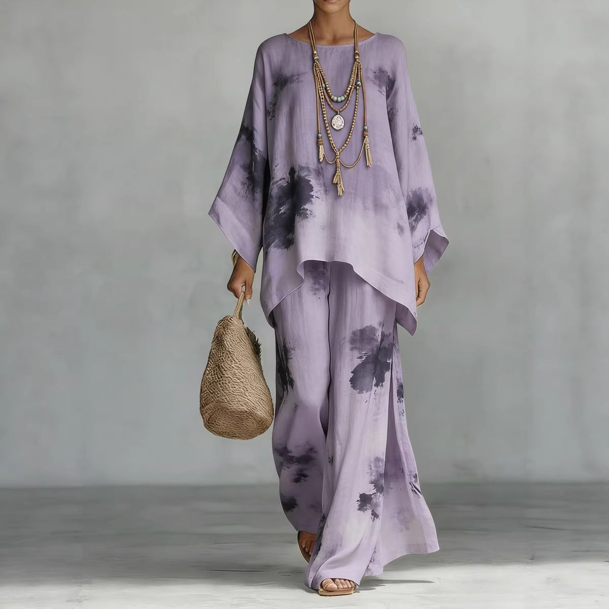 Floral Print Bamboo Linen Two-Piece Set | Wide-Leg Pants FitiqueFit