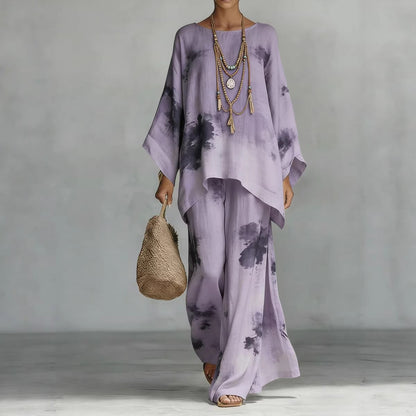 Floral Print Bamboo Linen Two-Piece Set | Wide-Leg Pants FitiqueFit