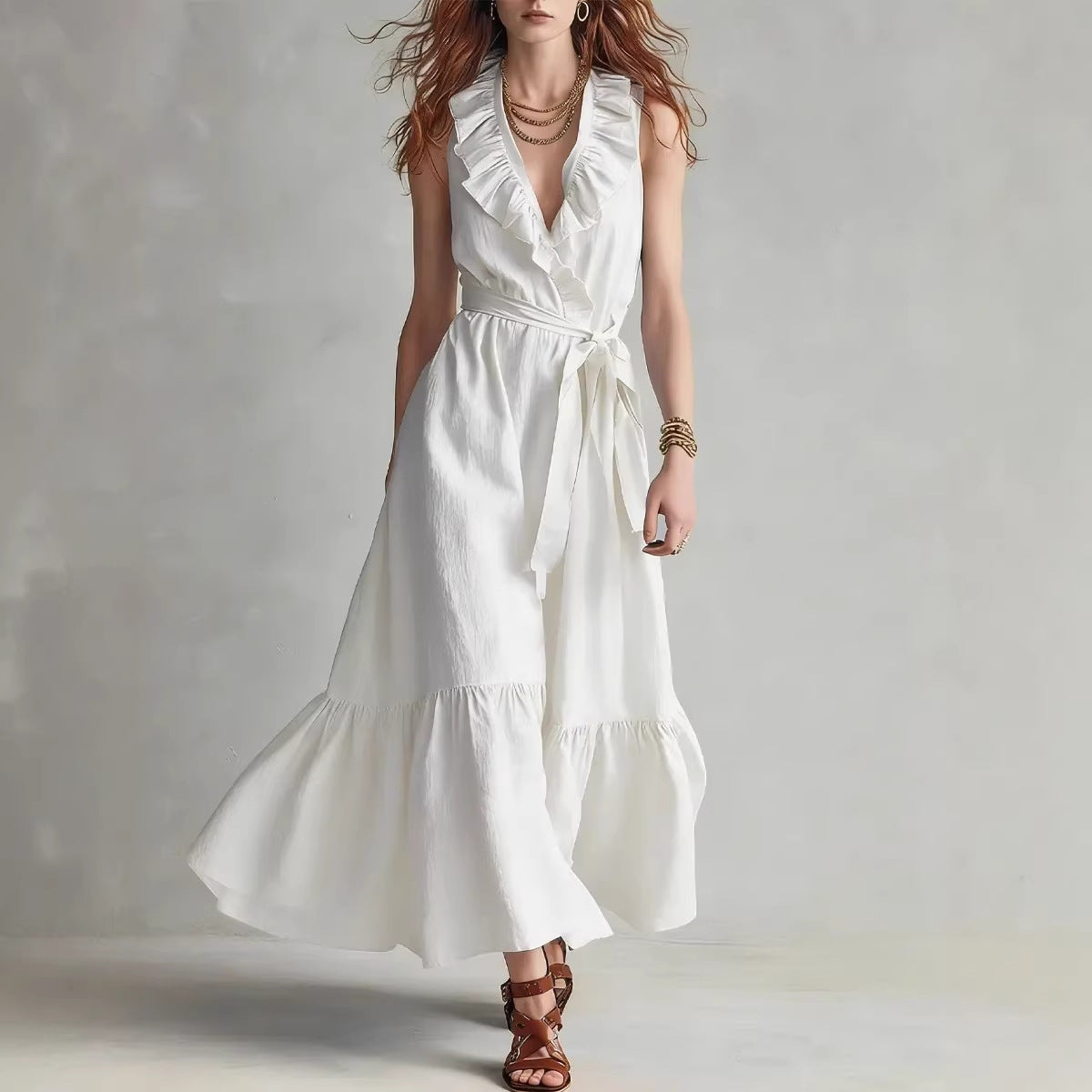 Women's V-Neck Sleeveless Lace-Up Panelled Maxi Dress – Wide Flare FitiqueFit