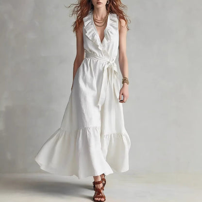 Women's V-Neck Sleeveless Lace-Up Panelled Maxi Dress – Wide Flare FitiqueFit