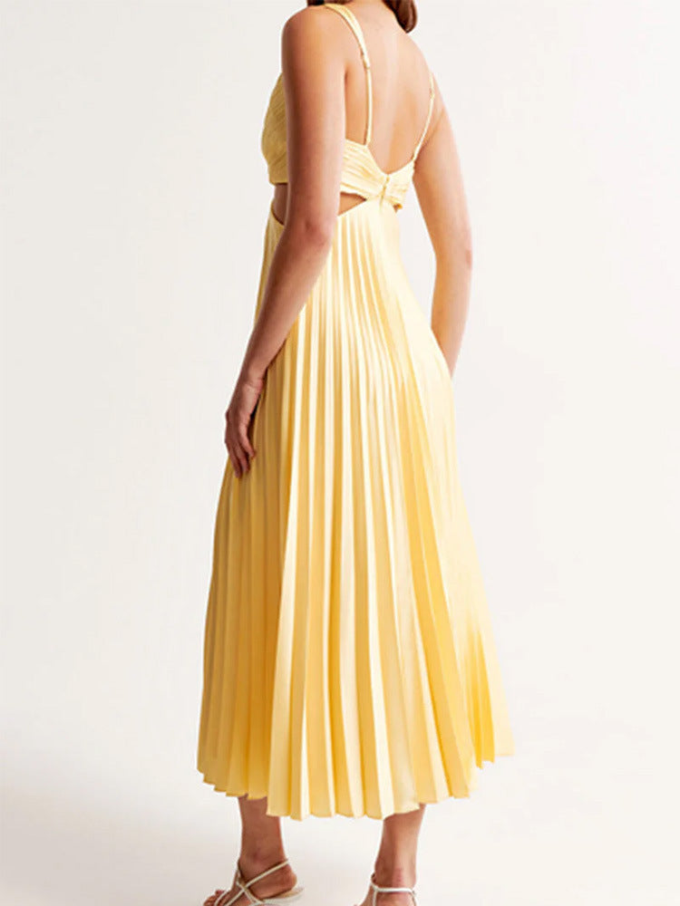 Ins Suspender Pleated Long Dress With Hollow-waisted Design Fashion V-neck Backless Dresses Summer Women's Clothing Grayceful LLC