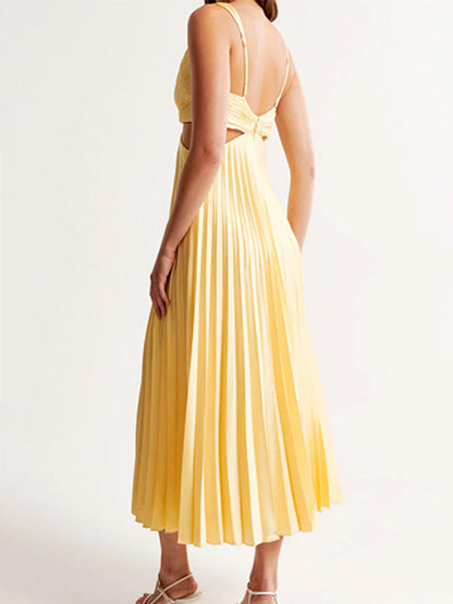 Ins Suspender Pleated Long Dress With Hollow-waisted Design Fashion V-neck Backless Dresses Summer Women's Clothing Grayceful LLC