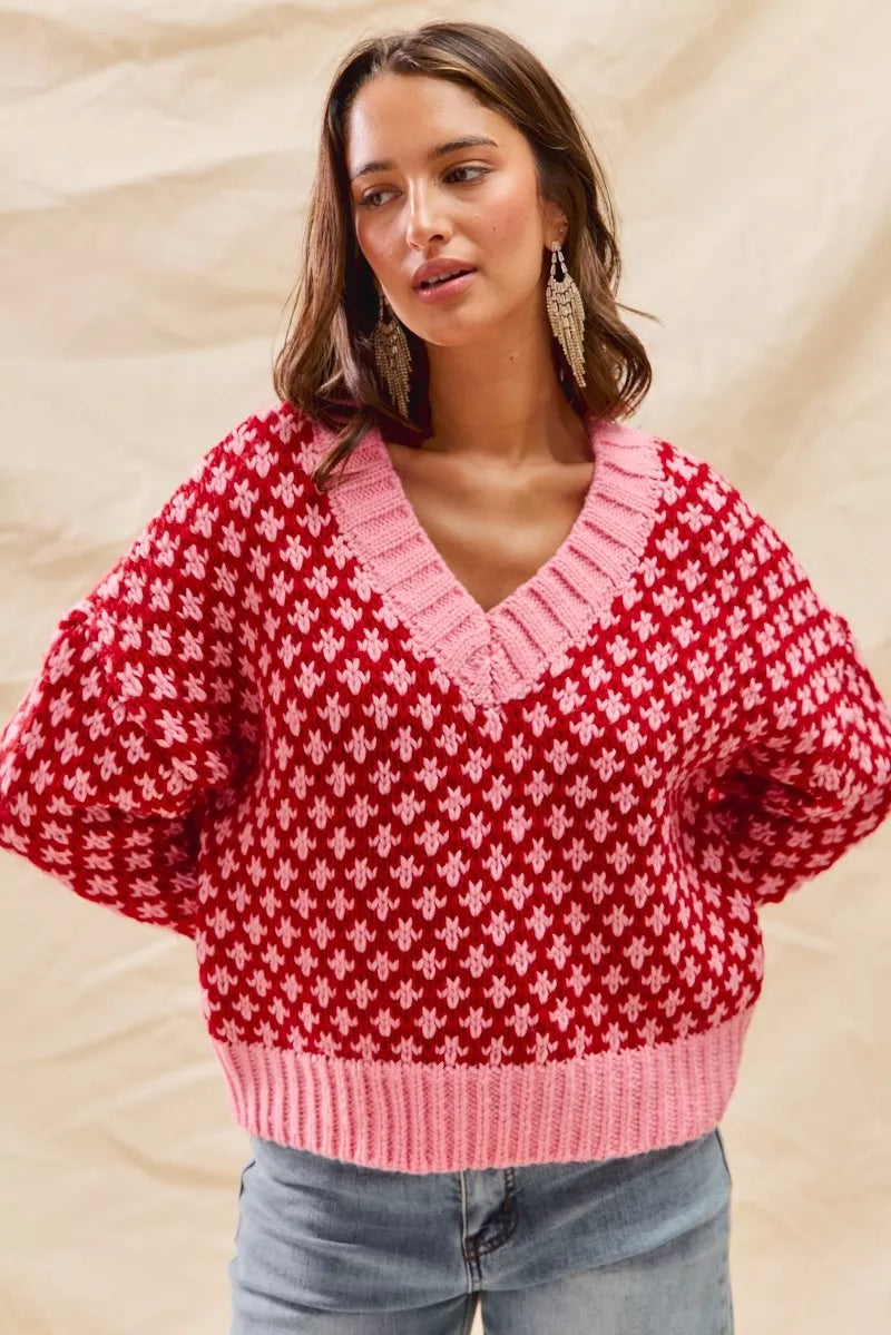 SO ME Color Block Textured Christmas Sweater V Neck Top FitiqueFit