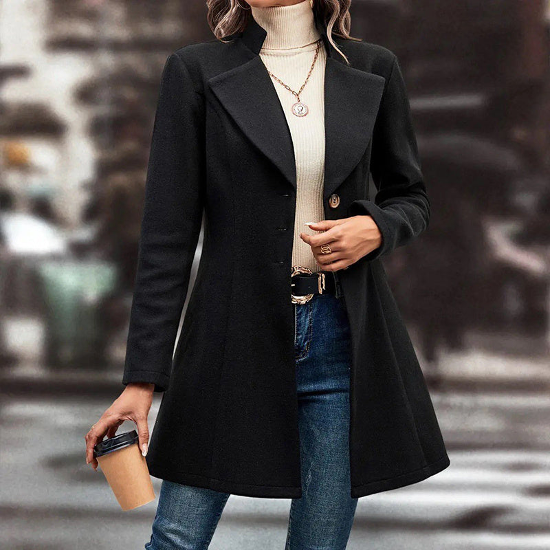 Women’s Winter Overcoat — Lapel Collar, Single-Breasted, Long Pea Coat FitiqueFit