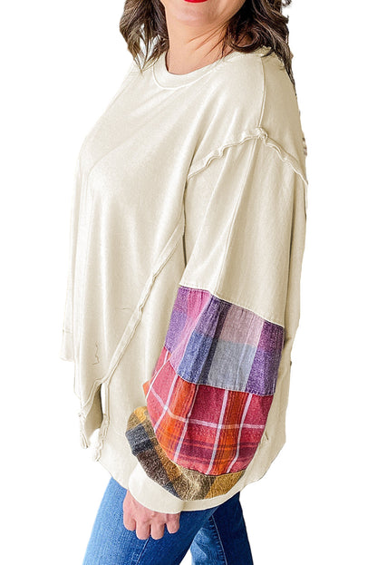 Beige Plus Size Plaid Patchwork Sleeve Pullover Top Garden Naked Curves