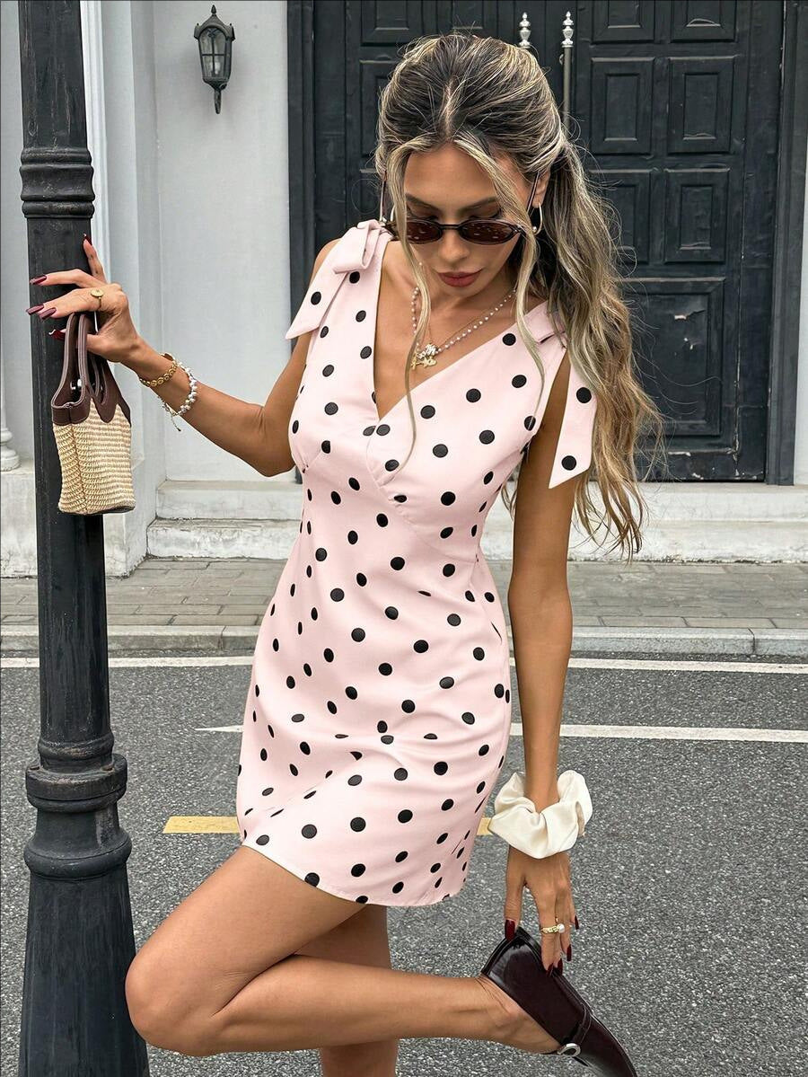 Women's Sleeveless V-Neck Mini Dress with Lace-Up Bow Detail FitiqueFit